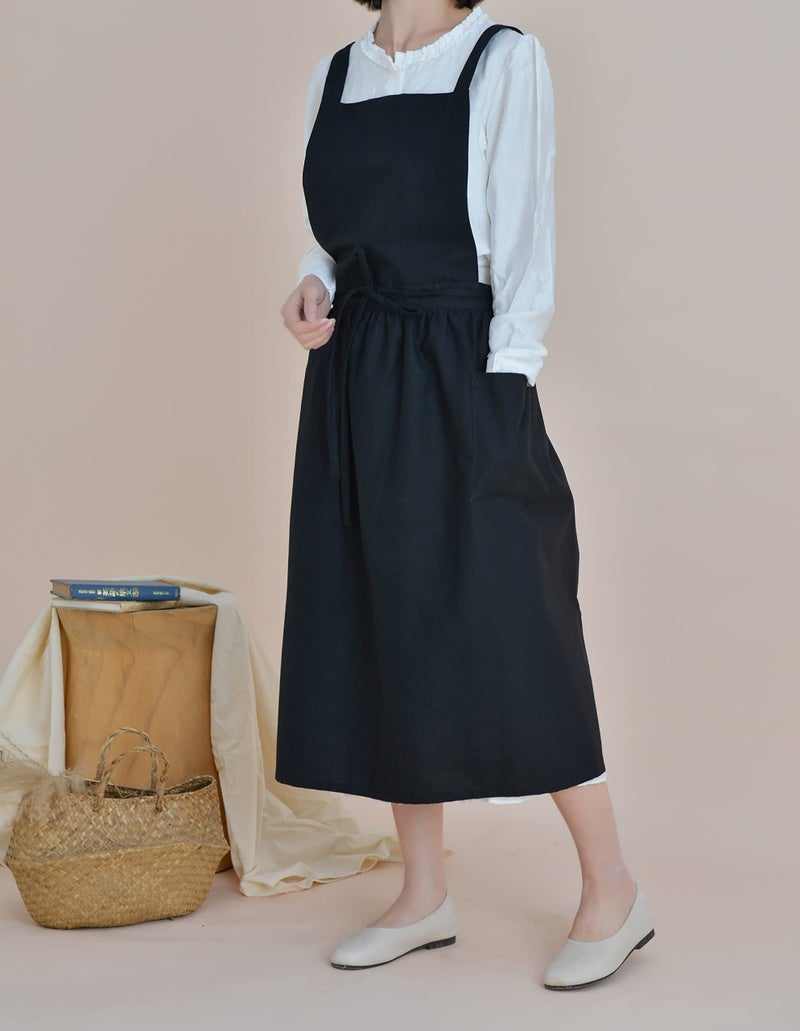 VLZUFE Women Cotton Linen Cross Back Apron with Pockets for Gardening Works Pinafore Dress - Image 3