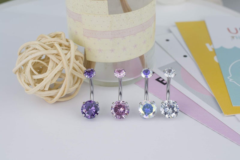 HQLA 14G Belly Button Rings Surgical Stainless Steel Round Cubic Zirconia Navel Barbell Stud Body Piercing (4Pcs(Clear+Pink+Purple+AB Color)) - Image 5