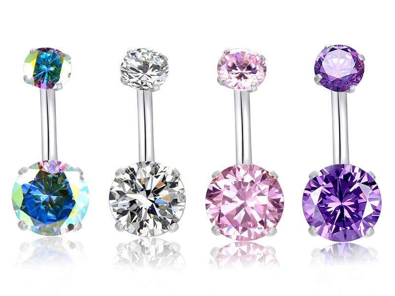 HQLA 14G Belly Button Rings Surgical Stainless Steel Round Cubic Zirconia Navel Barbell Stud Body Piercing (4Pcs(Clear+Pink+Purple+AB Color)) - Image 1