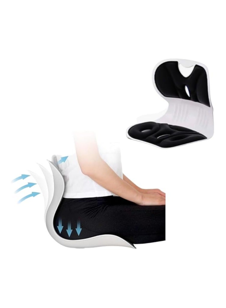 كرسي مريح عالي التحمل مع دعم للظهر وأسفل الظهر ووسادة لتصحيح الوضعية لآلام أسفل الظهر ووسائد من القماش ومقعد مضغوط للمنزل والمكتب والسيارة ومقعد 33 سم وظهر مريح 31 سم (أسود) - Image 1