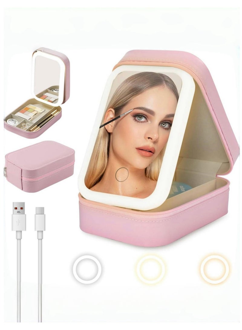 حِرَاس صندوق مجوهرات مكياج محمول مع مرآة LED، حقيبة مكياج صغيرة مع مرآة خفيفة، صندوق تخزين مرآة مكياج قابل للتعديل بثلاثة ألوان، صندوق تخزين مكياج محمول لأدوات التجميل النسائية - Image 1