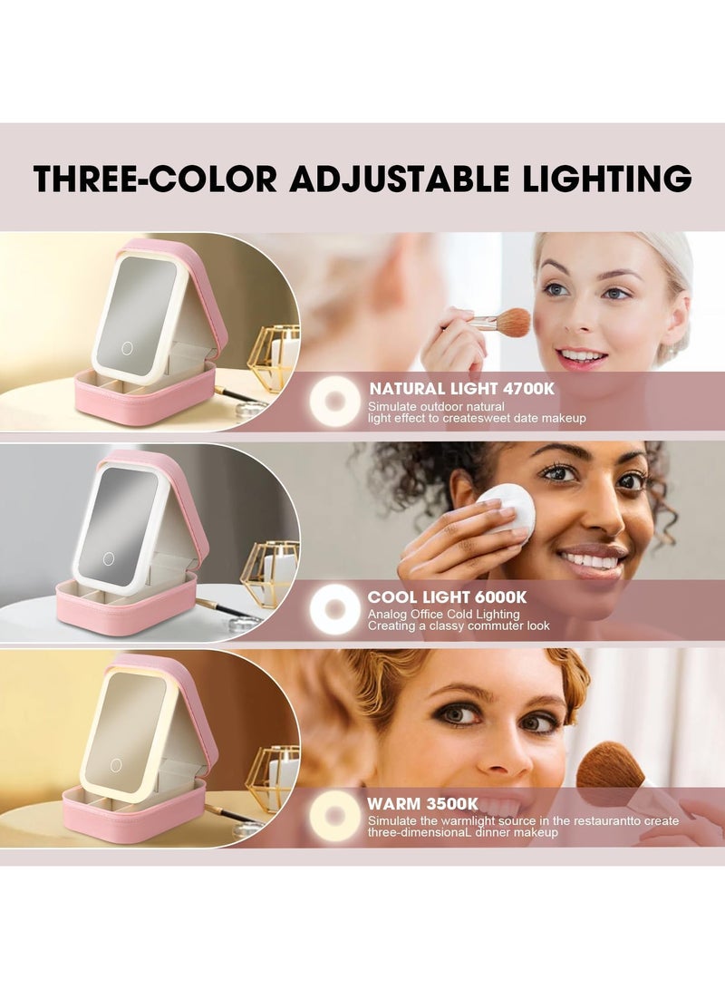 حِرَاس صندوق مجوهرات مكياج محمول مع مرآة LED، حقيبة مكياج صغيرة مع مرآة خفيفة، صندوق تخزين مرآة مكياج قابل للتعديل بثلاثة ألوان، صندوق تخزين مكياج محمول لأدوات التجميل النسائية - Image 2