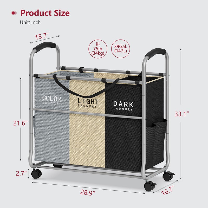 Tajsoon 3 section Laundry Hamper Sorter, Laundry Sorter Cart with Heavy Duty Lockable Wheels and Removable Bags, Laundry Separated Rolling Cart Basket for Clothes Storage, Grey+Beige+Black - Image 5