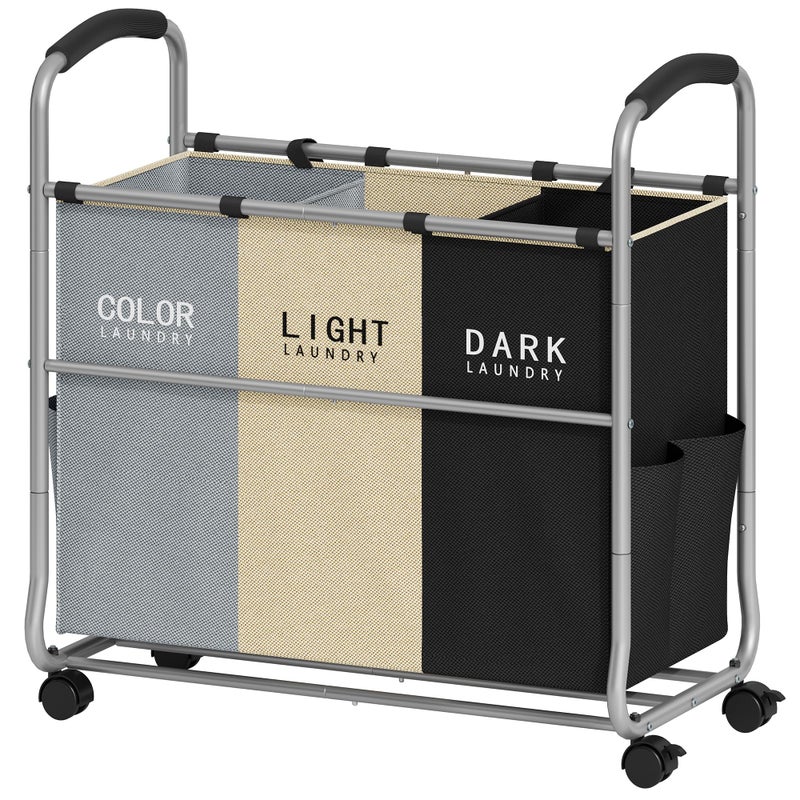 Tajsoon 3 section Laundry Hamper Sorter, Laundry Sorter Cart with Heavy Duty Lockable Wheels and Removable Bags, Laundry Separated Rolling Cart Basket for Clothes Storage, Grey+Beige+Black - Image 1