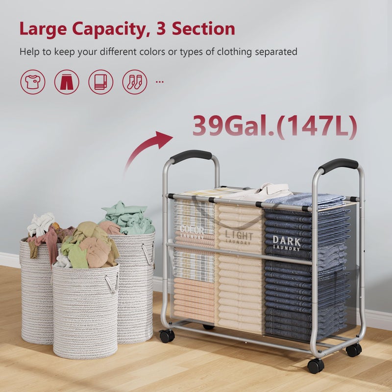 Tajsoon 3 section Laundry Hamper Sorter, Laundry Sorter Cart with Heavy Duty Lockable Wheels and Removable Bags, Laundry Separated Rolling Cart Basket for Clothes Storage, Grey+Beige+Black - Image 3