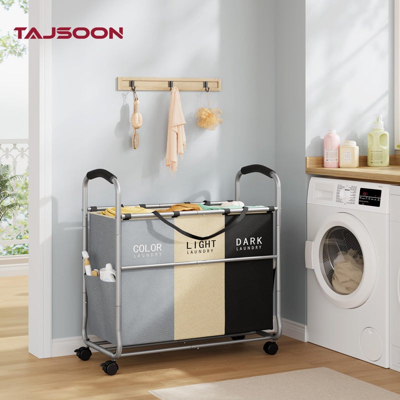 Tajsoon 3 section Laundry Hamper Sorter, Laundry Sorter Cart with Heavy Duty Lockable Wheels and Removable Bags, Laundry Separated Rolling Cart Basket for Clothes Storage, Grey+Beige+Black - Image 2