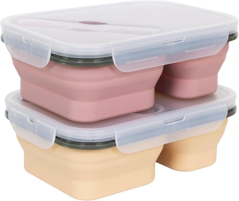 JSJPO Silicon Expandable Foldable Lunch Box TwoCompartment Lunch Box with Spoon and Fork Airtight Expandable Silicone Lunch Box Set of 1 - Image 1