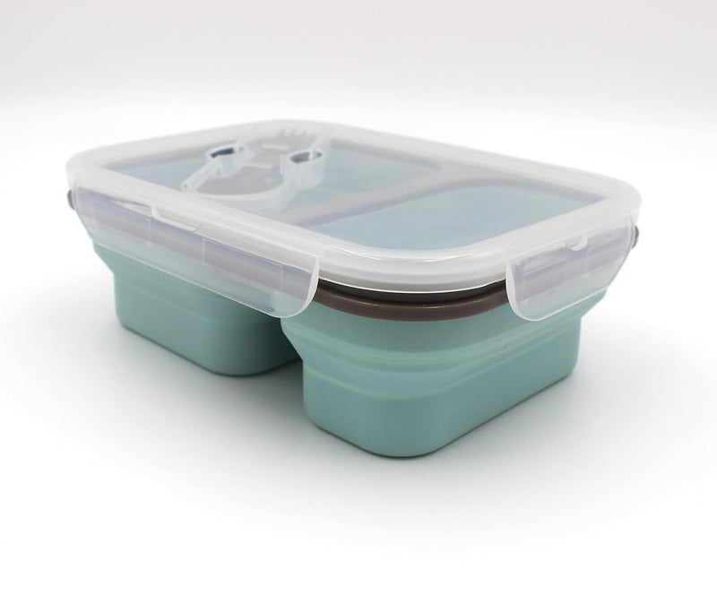 JSJPO Silicon Expandable Foldable Lunch Box TwoCompartment Lunch Box with Spoon and Fork Airtight Expandable Silicone Lunch Box Set of 1 - Image 2