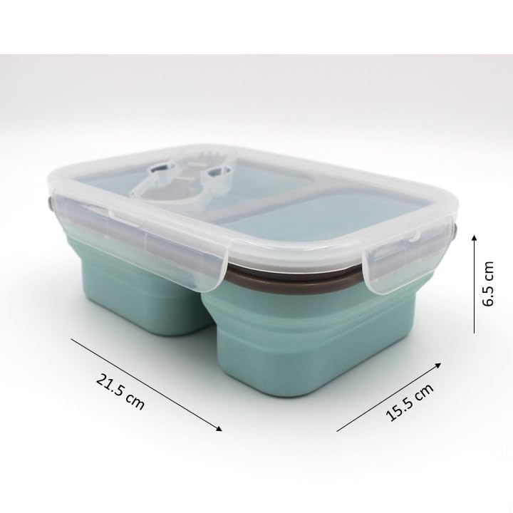 JSJPO Silicon Expandable Foldable Lunch Box TwoCompartment Lunch Box with Spoon and Fork Airtight Expandable Silicone Lunch Box Set of 1 - Image 3