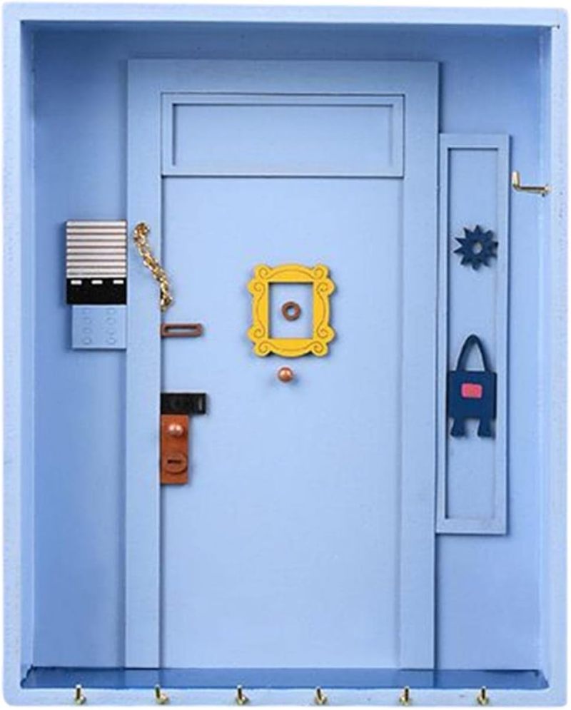 Friends Tv Show Decor Blue 10"x7.8" Premium Wood Handcrafted Key Holder - Iconic Monica Geller Door Reproduction Wall-Mounted Key Hook for Friends Enthusiasts, Entryway Organization - Image 1