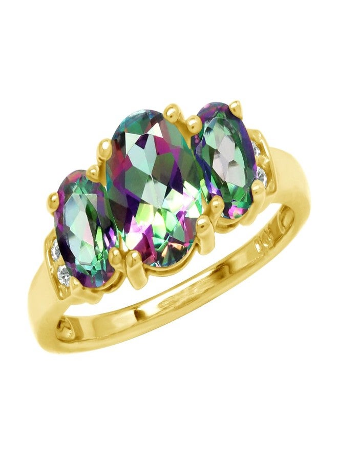 Silvershake 2.62 CTW 3-Stone Genuine Oval Shape Mystic Fire Rainbow Topaz 14K Yellow Gold Plated 925 Sterling Silver Gemstone Ring Size 6.5 - Image 1