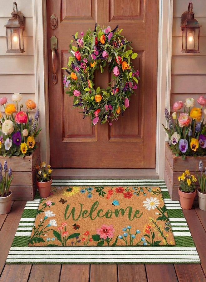 Tinideya 2 Pcs Floral Welcome Doormat Flower Outdoor Welcome Mats for Front Door Non Slip Wildflower Coir Floor Mat Green White Stripe Layering Rug for Outside Front Porch Entryway Decor - Image 1
