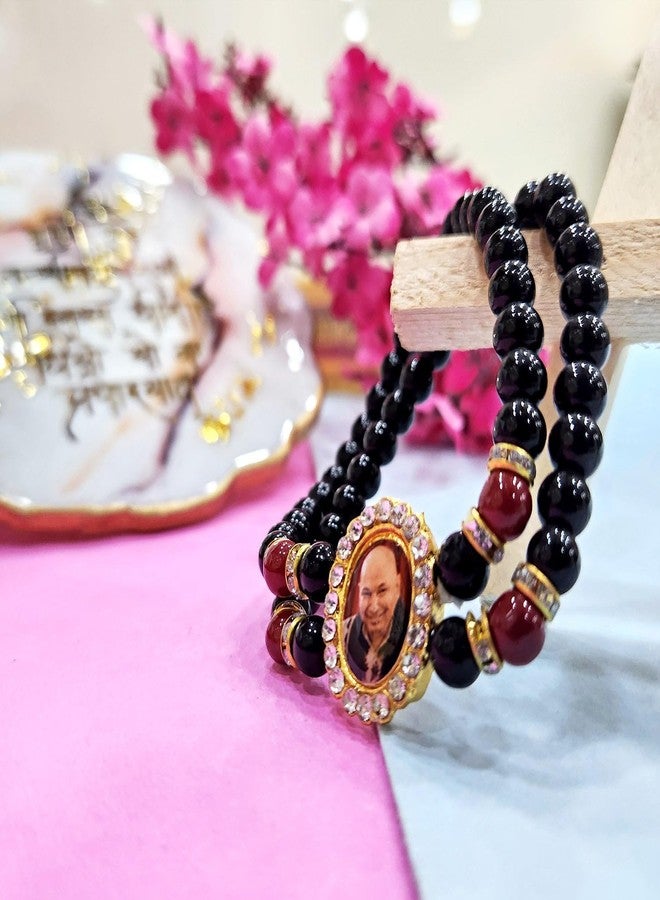SATVIK 2 Pc Black Round Pearl Bracelet with Jai Guruji Swaroop Handmade Bracelets Jai Chhatarpur Guruji Blessing Shukrana Satsang Jai Guru Ji Maharaj Positive Vibes Wrist Band Bulk Return Gifts - Image 3