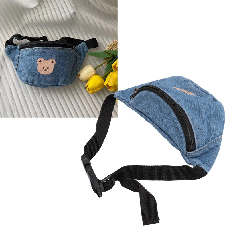 Kids Cool Waist Bag Bear Pattern Adjustable Button Small Canvas Children Cartoon Waist Bag for Key Light Blue - Image 3