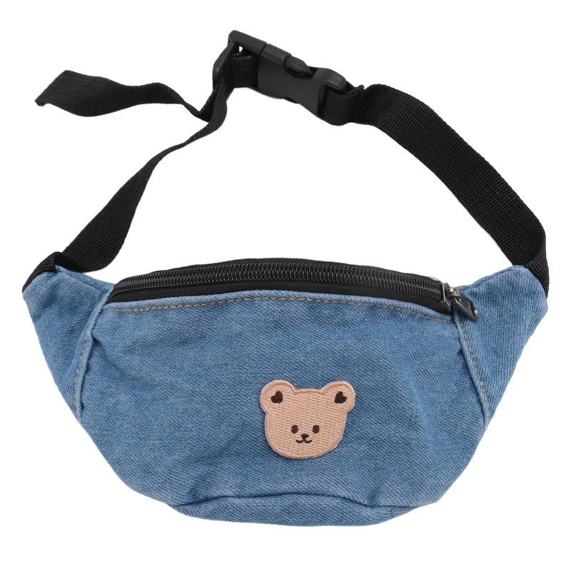 Kids Cool Waist Bag Bear Pattern Adjustable Button Small Canvas Children Cartoon Waist Bag for Key Light Blue - Image 4