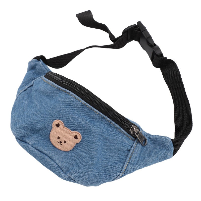 Kids Cool Waist Bag Bear Pattern Adjustable Button Small Canvas Children Cartoon Waist Bag for Key Light Blue - Image 1