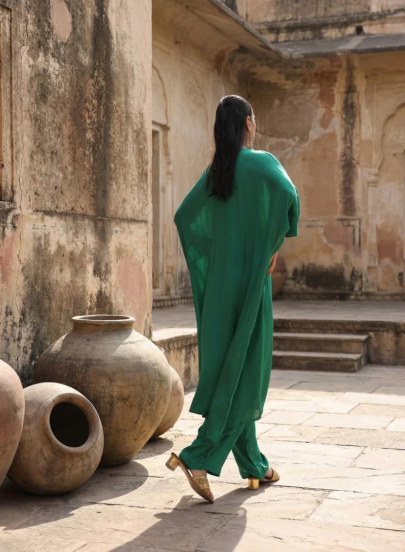 ISHIN Green Poly Embroidered Relaxed A-Line Kaftan & Full Length Palazzo Co-Ords For Women