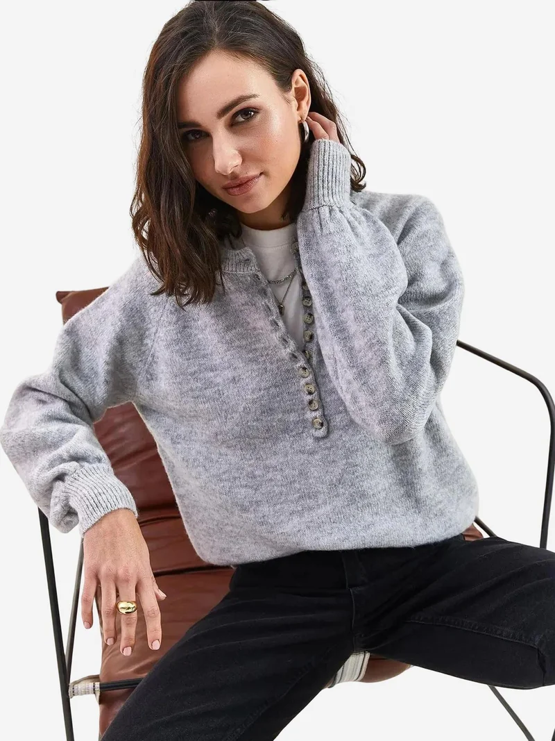 Bianco Lucci Button Collar Relaxed Fit Knit Sweater