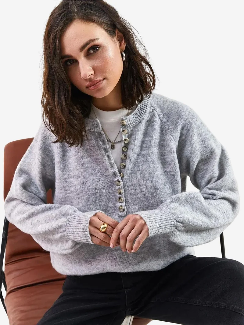 Bianco Lucci Button Collar Relaxed Fit Knit Sweater