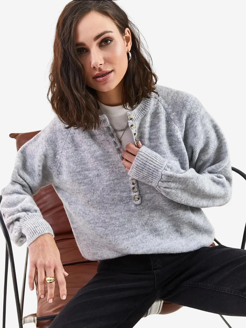 Bianco Lucci Button Collar Relaxed Fit Knit Sweater