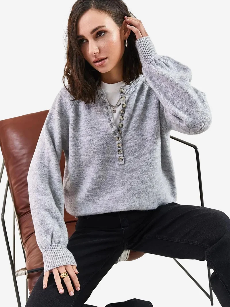 Bianco Lucci Button Collar Relaxed Fit Knit Sweater