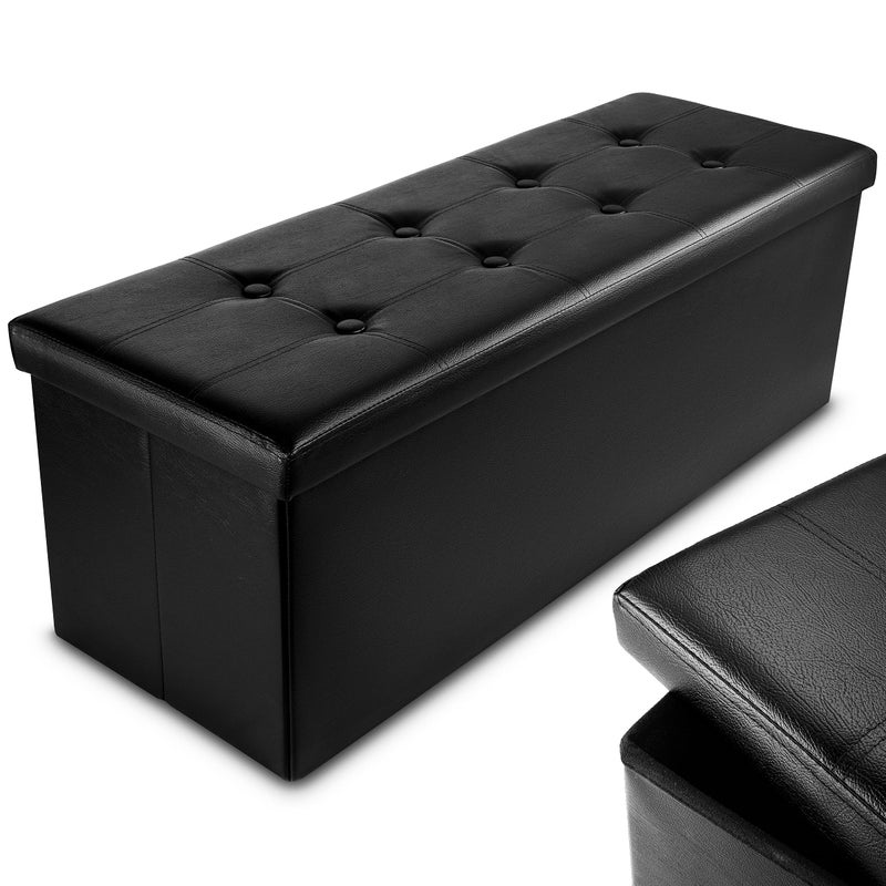 Nyxi Faux Leather 110  38  38cm Black Ottoman Foldable Storage Boxes Seat Foot Stool Storage Box with Lids for Kids Toys Bedroom Hallway Living Room