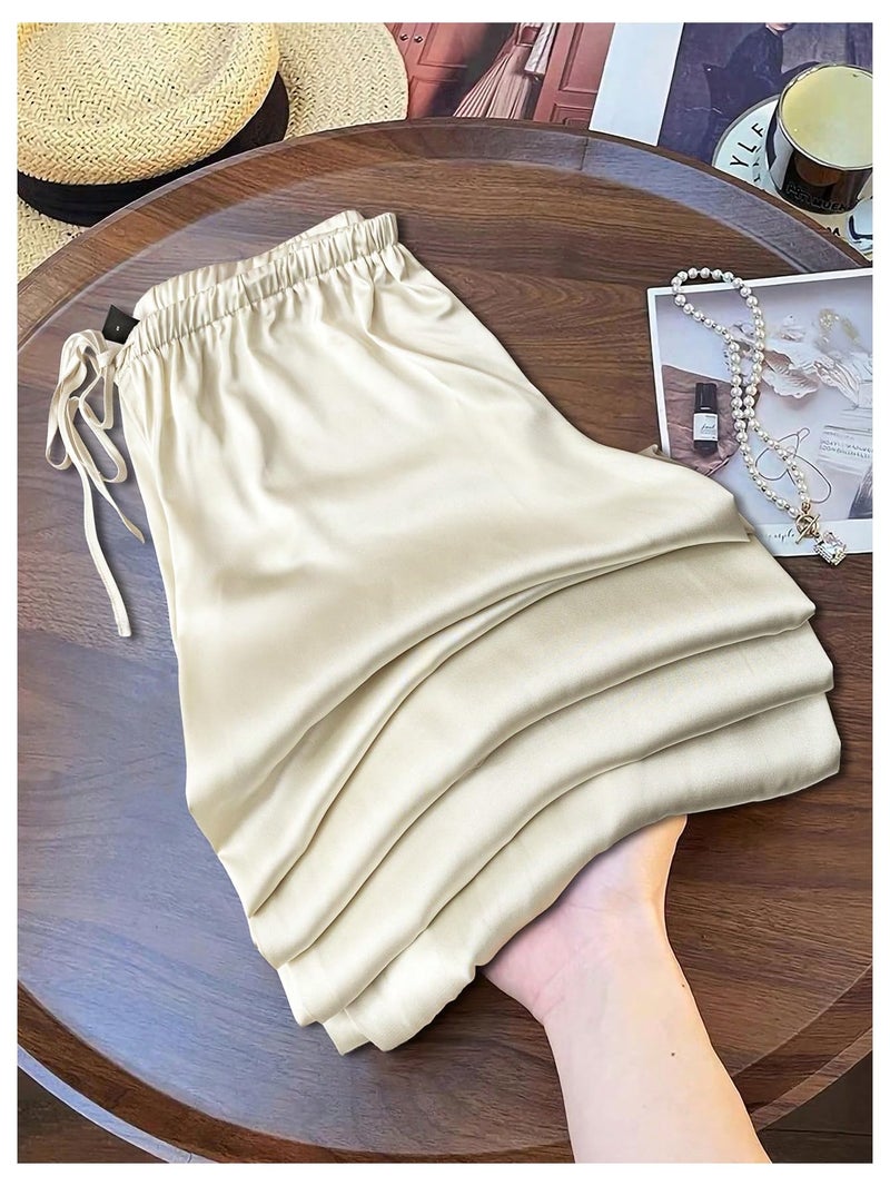 SHENHE Women's Satin Wide Leg Pants Drawstring Flowy Dressy Silky Business Causal Beach Vacation Pants Apricot X-Large - Image 2