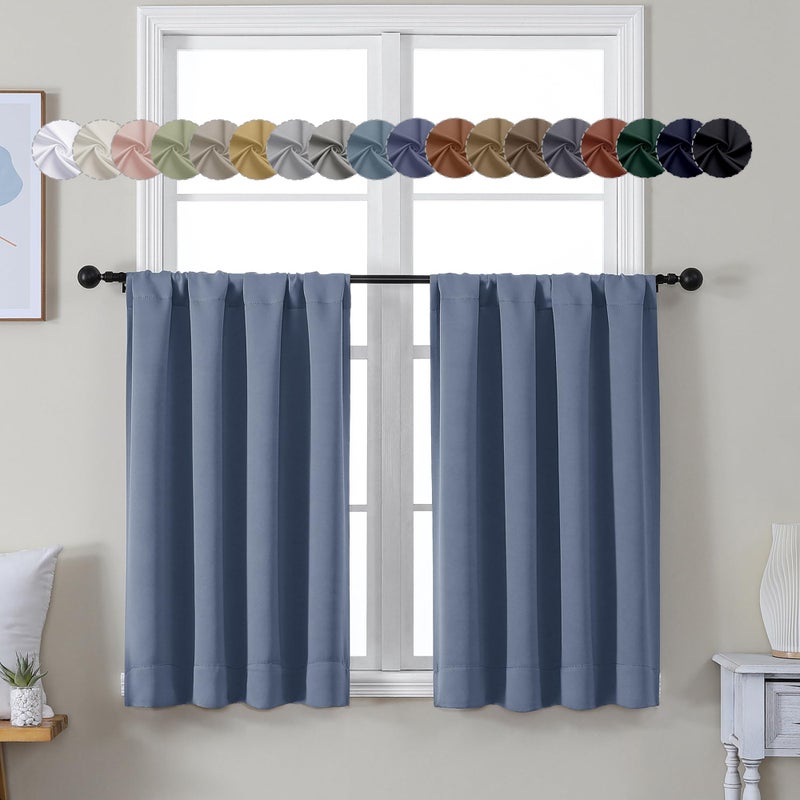 Simplebrand Ava Denim Blue Short 36 Inches Blackout Curtain 2 Panels Set, Half Window Rod Pocket Privacy Curtain Tiers for Kitchen, Curtains Blackout for Bathroom Shades, W40 x L36 Inch, Denim Blue - Image 1