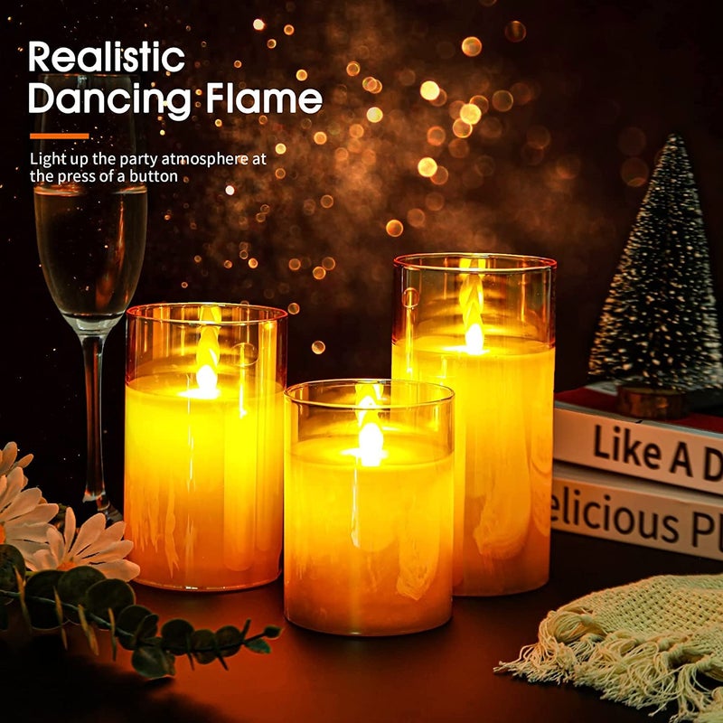 LTETTES Real Wax LED Glass Pillar Flameless Candles | Faux Dancing Wick | Amber Gold Glass | Battery Powered with Multifunctional Remote Controller for Home Decor | Set of 3 (H-4",5",6" x D-3") - Image 3