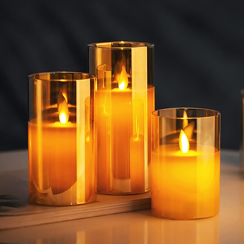 LTETTES Real Wax LED Glass Pillar Flameless Candles | Faux Dancing Wick | Amber Gold Glass | Battery Powered with Multifunctional Remote Controller for Home Decor | Set of 3 (H-4",5",6" x D-3") - Image 2