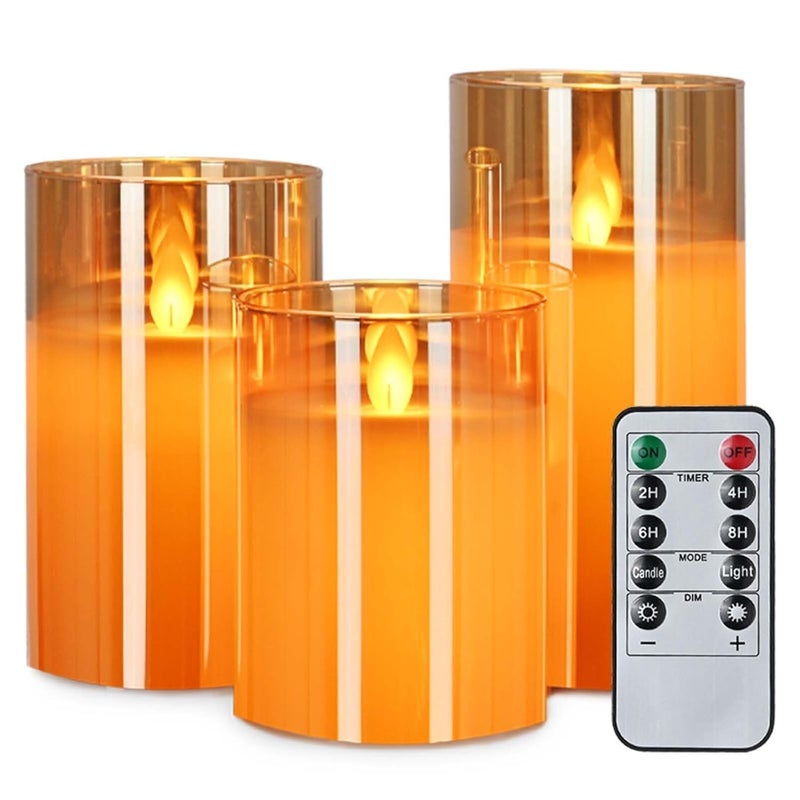 LTETTES Real Wax LED Glass Pillar Flameless Candles | Faux Dancing Wick | Amber Gold Glass | Battery Powered with Multifunctional Remote Controller for Home Decor | Set of 3 (H-4",5",6" x D-3") - Image 1
