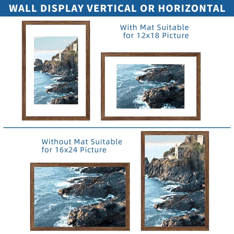 Hongkee 16x24 Frame Set of 2, Rustic Brown Wood Style - Display 16 x 24 Picture without Mat or 12x18 Picture with Mat, Wall Mounting Horizontal and Vertical - Image 2