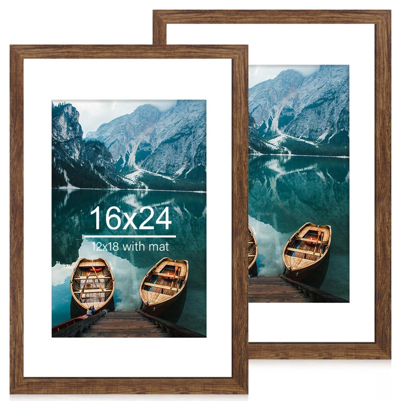 Hongkee 16x24 Frame Set of 2, Rustic Brown Wood Style - Display 16 x 24 Picture without Mat or 12x18 Picture with Mat, Wall Mounting Horizontal and Vertical - Image 1