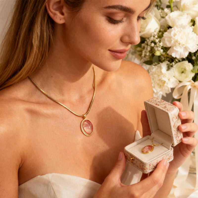 Sonateomber Gold Pink Stone Pendant Necklace for Women, Chunky Statement Opal Natural Gemstone Dangle Necklaces Wedding Prom Accessories Fashion Jewelry Gift - Image 2