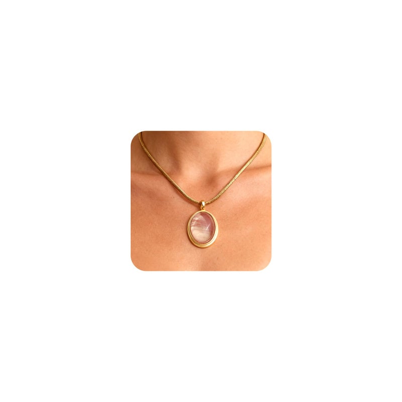 Sonateomber Gold Pink Stone Pendant Necklace for Women, Chunky Statement Opal Natural Gemstone Dangle Necklaces Wedding Prom Accessories Fashion Jewelry Gift - Image 1