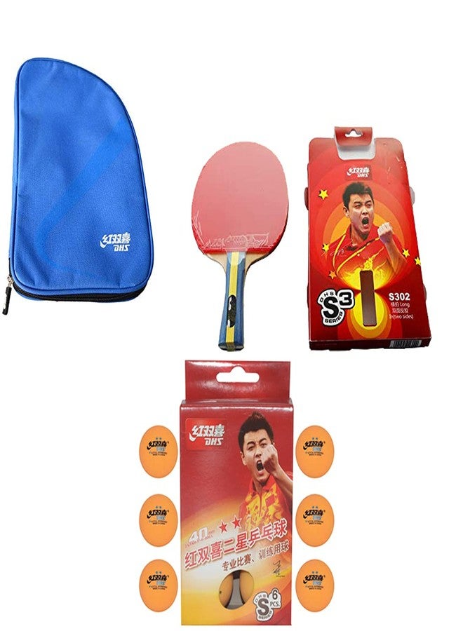دي إتش أس مضرب تنس الطاولة S-S302 DHS مع كرة تنس الطاولة DHS S-S1840BY سوبر ماركت نجمتين (علبة من 6 قطع) وغطاء مضرب تنس الطاولة RC104 DHS أزرق - Image 2
