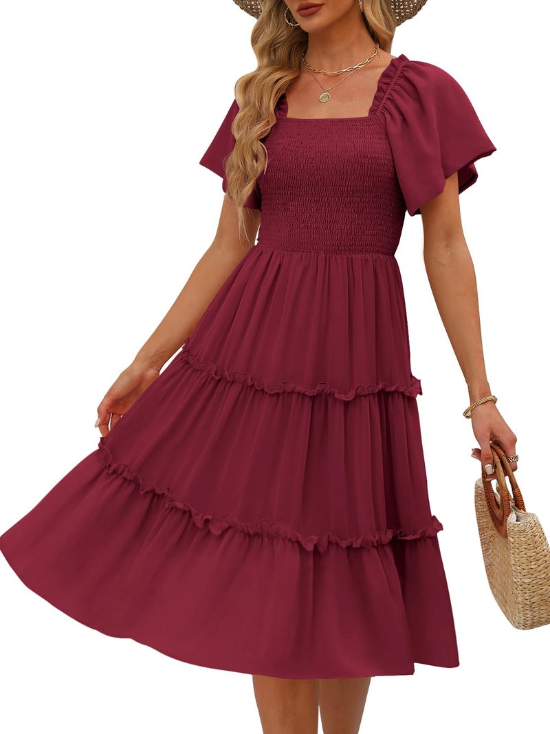 LILLUSORY Women Dresses Spring Summer 2026 Midi Graduation Bridal Baby Shower Casual Flowy Boho Sun Sundress Bridesmaid Brunch Cute Ladies Vacation Beach Smocked Teacher Clothes Outfits Wine Red M - Image 1