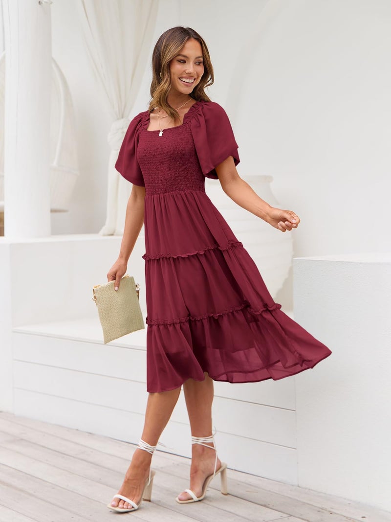 LILLUSORY Women Dresses Spring Summer 2026 Midi Graduation Bridal Baby Shower Casual Flowy Boho Sun Sundress Bridesmaid Brunch Cute Ladies Vacation Beach Smocked Teacher Clothes Outfits Wine Red M - Image 5