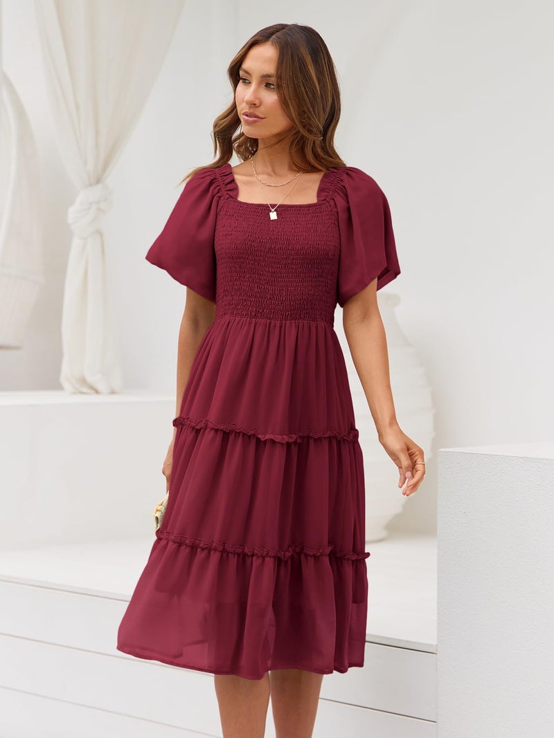 LILLUSORY Women Dresses Spring Summer 2026 Midi Graduation Bridal Baby Shower Casual Flowy Boho Sun Sundress Bridesmaid Brunch Cute Ladies Vacation Beach Smocked Teacher Clothes Outfits Wine Red M - Image 3