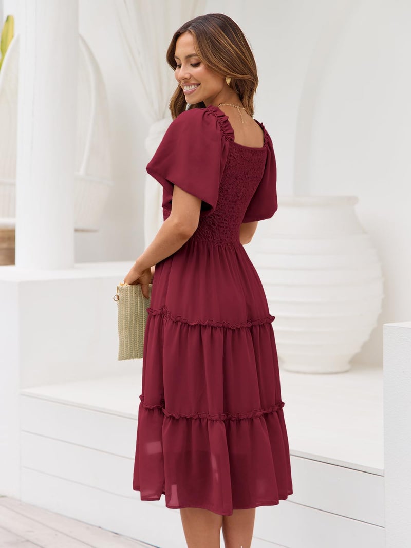 LILLUSORY Women Dresses Spring Summer 2026 Midi Graduation Bridal Baby Shower Casual Flowy Boho Sun Sundress Bridesmaid Brunch Cute Ladies Vacation Beach Smocked Teacher Clothes Outfits Wine Red M - Image 4
