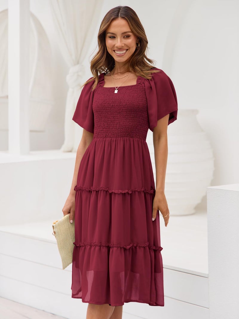 LILLUSORY Women Dresses Spring Summer 2026 Midi Graduation Bridal Baby Shower Casual Flowy Boho Sun Sundress Bridesmaid Brunch Cute Ladies Vacation Beach Smocked Teacher Clothes Outfits Wine Red M - Image 2