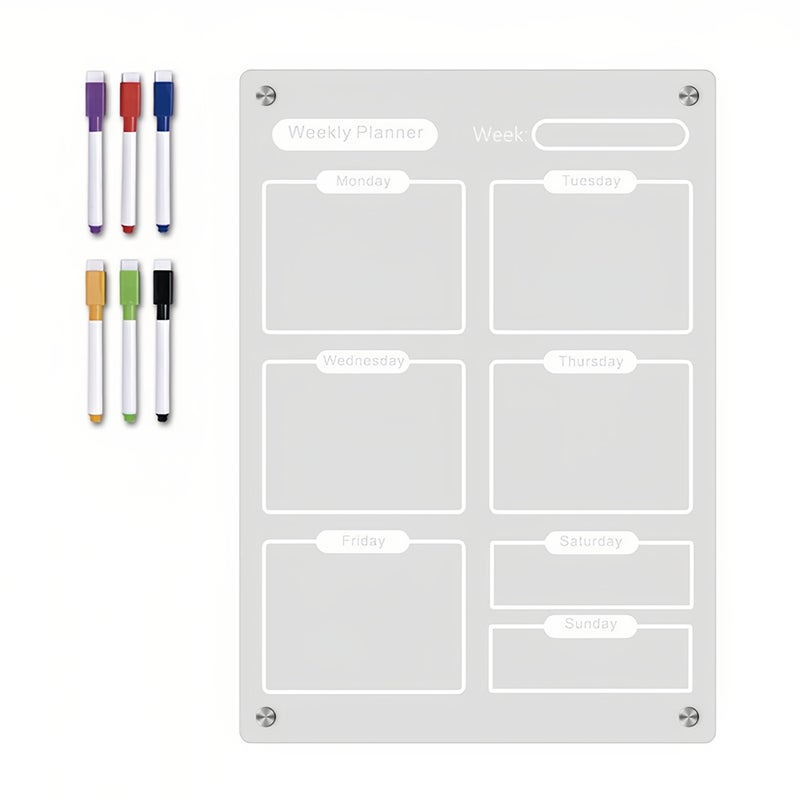 Clear Acrylic Magnetic Dry Erase Board Weekly Planner 8.27x11.7in Writing Board Fridge Reusable Planner with 6 Color Magnetic Markers & 4pcs Magnet  Daily Message Organizer Notepad Wall - Image 1