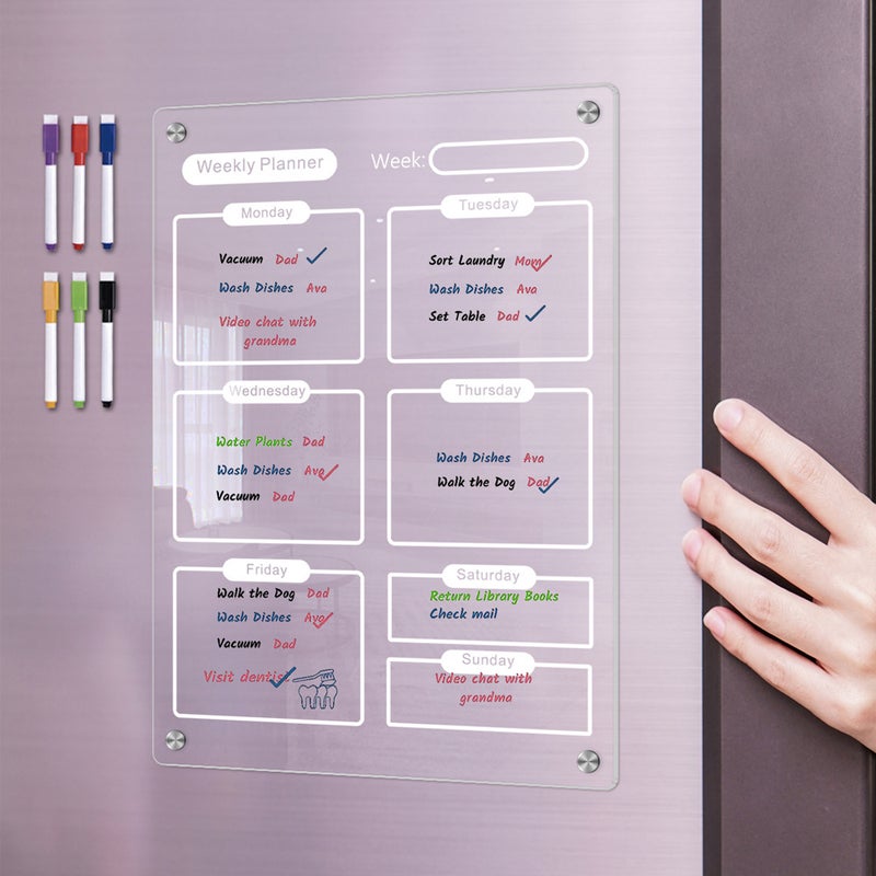 Clear Acrylic Magnetic Dry Erase Board Weekly Planner 8.27x11.7in Writing Board Fridge Reusable Planner with 6 Color Magnetic Markers & 4pcs Magnet  Daily Message Organizer Notepad Wall - Image 2
