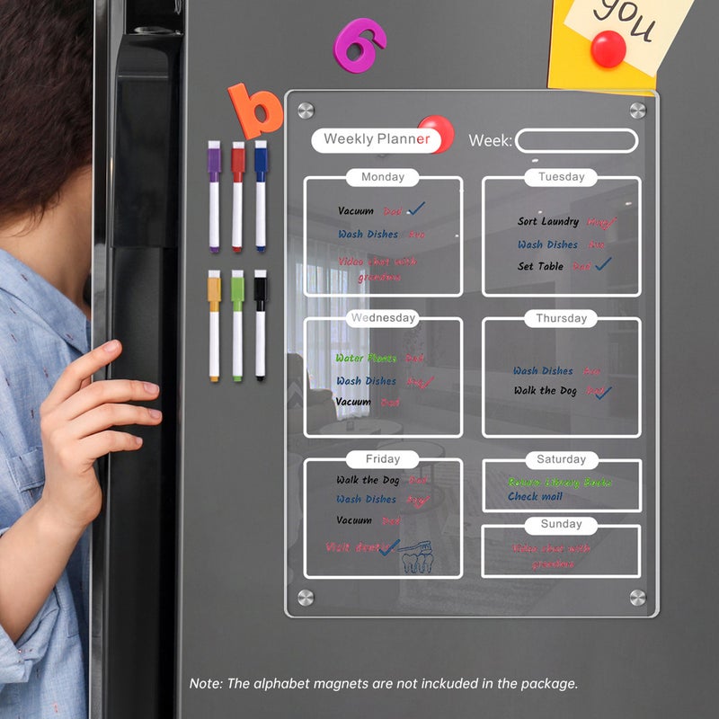 Clear Acrylic Magnetic Dry Erase Board Weekly Planner 8.27x11.7in Writing Board Fridge Reusable Planner with 6 Color Magnetic Markers & 4pcs Magnet  Daily Message Organizer Notepad Wall - Image 4