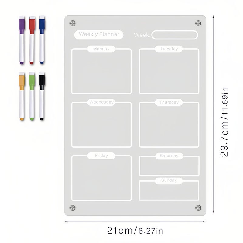 Clear Acrylic Magnetic Dry Erase Board Weekly Planner 8.27x11.7in Writing Board Fridge Reusable Planner with 6 Color Magnetic Markers & 4pcs Magnet  Daily Message Organizer Notepad Wall - Image 3