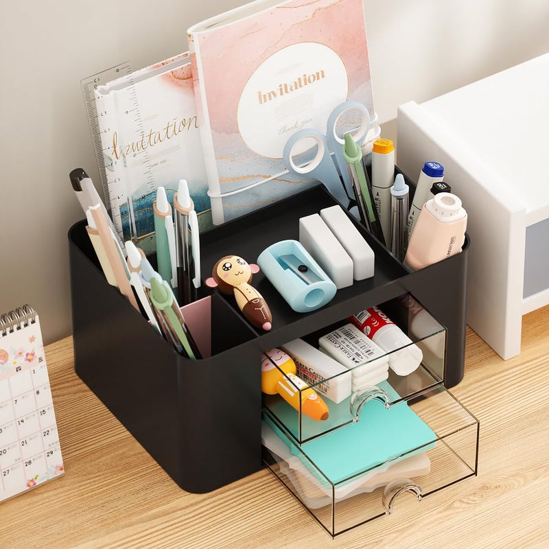 Wlevzzor Creative & Simple Desk Organiser, 7 Grids, Plastic Table Organiser with Drawer, Multifunctional Desk Organiser, Pen Holder for School, Office, Home (Black) - Image 2