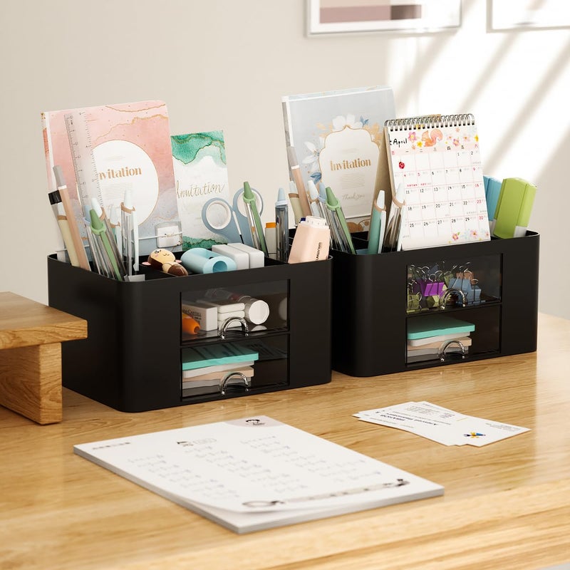 Wlevzzor Creative & Simple Desk Organiser, 7 Grids, Plastic Table Organiser with Drawer, Multifunctional Desk Organiser, Pen Holder for School, Office, Home (Black) - Image 4