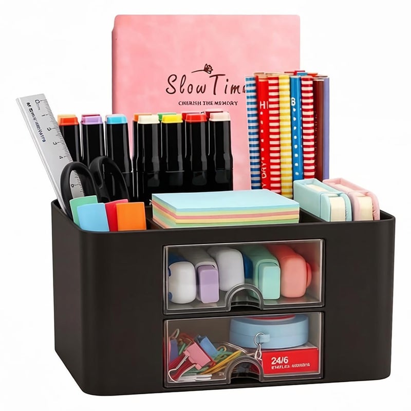 Wlevzzor Creative & Simple Desk Organiser, 7 Grids, Plastic Table Organiser with Drawer, Multifunctional Desk Organiser, Pen Holder for School, Office, Home (Black) - Image 1