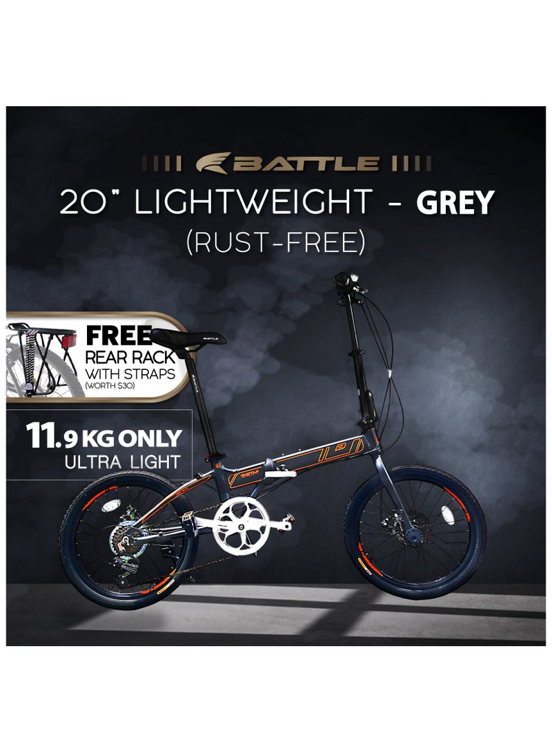BATTLE 20 Inch Lightweight Folding Bike Free Rear Rack With Straps - Foldable Bicycle For Men & Ladies & Kids (Grey) - Image 1