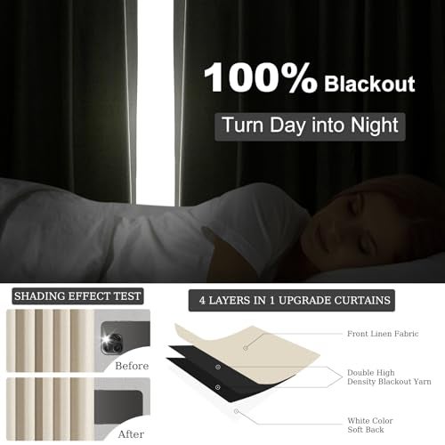 Topfinel Beige Blackout Curtains & Drapes 84 Inch Length, Cream Pinch Pleat Full Flax Linen Burlap Soundproof Curtains with Hooks Rings for Bedroom Living Room Track System 2 Panels Set, Tan - Image 2
